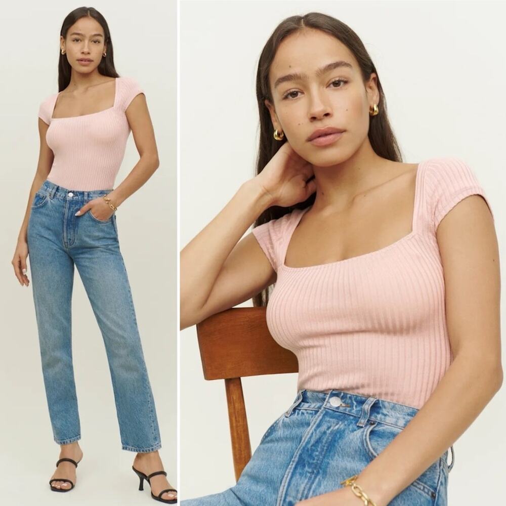 Reformation Bardot Blush Ribbed Knit Square Neck Top Medium Perfect Condition